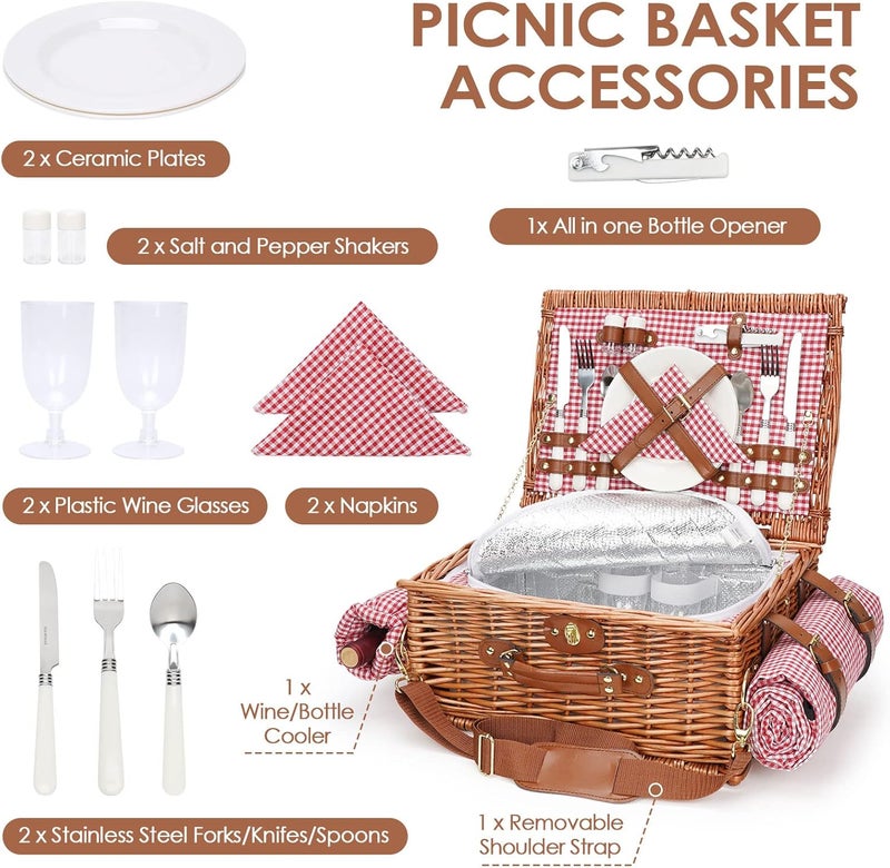 WILLOW WEAVE Picnic Basket for 2, Picnic Baskets with Waterproof Blanket, Picnic Hamper Set with Washable Beach Mat & Large Insulated Cooler Compartment, Handmade Natural Wicker Hamper for Camping, Outdoor Party - Image 3
